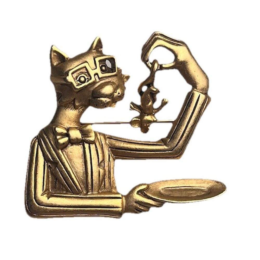 Vintage Cat Brooch Pin Mouse Humor Waiter Chef Server Gift Signed AJC Gold Tone